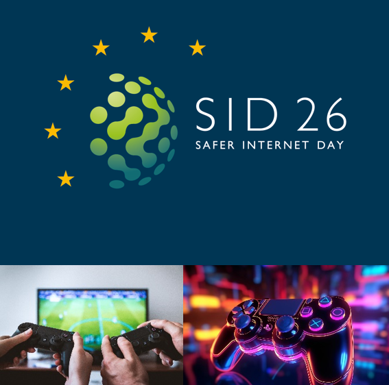 Safer Internet Day Grafik zum Safer Internet Day 2026 mit Logo, EU-Sternen und Bildern von Videospiel-Controllern als Symbol für digitale Mediennutzung.