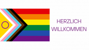 Progress-Pride-Flagge mit einem gelben Dreieck links, das einen lila Kreis enthält, und Regenbogenstreifen rechts daneben sowie dem Text 'HERZLICH WILLKOMMEN' in lila Schrift auf weißem Hintergrund