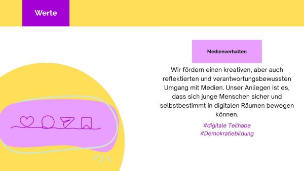 Eine Infografik mit gelbem und weißem Hintergrund zeigt links eine violette Linienzeichnung mit Symbolen für Herz, Quadrat, Kreis, Dreieck und Wellenlinie. Rechts steht ein Textfeld mit der Überschrift 'Medienverhalten' und einem erklärenden Text zum verantwortungsvollen Umgang mit Medien. Darunter stehen die Hashtags '#digitale Teilhabe' und '#Demokratiebildung'. Oben links befindet sich ein violettes Feld mit dem Wort 'Werte'.
