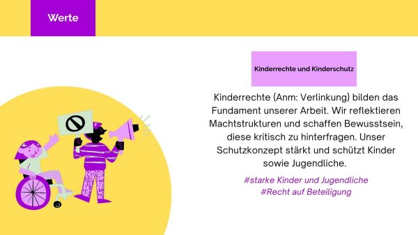 Links oben steht ein violettes Rechteck mit dem weißen Schriftzug 'Werte'. Darunter befindet sich eine farbige Illustration: Links sitzt ein Kind mit lila Haaren und hebt die Hand, rechts steht eine Person mit Megafon und hält ein Schild mit einem durchgestrichenen Symbol. Rechts daneben folgt eine Textfläche mit der Überschrift 'Kinderrechte und Kinderschutz' auf violettem Hintergrund. Darunter steht ein längerer Fließtext in schwarzer Schrift. Am unteren Rand sind zwei Hashtags in lila und orange gesetzt.