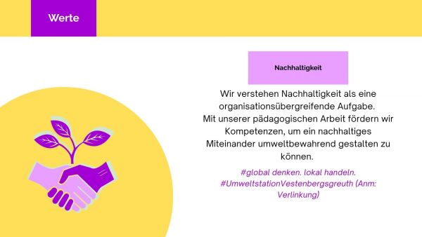 Zweifarbige Infografik mit gelbem und violettem Hintergrund. Links oben steht ein violettes Rechteck mit dem weißen Schriftzug 'Werte'. Darunter befindet sich eine grafische Darstellung eines violetten Handschlags, aus dem ein stilisierter Pflanzenzweig mit drei Blättern wächst. Rechts ist ein weißes Textfeld mit dem Titel 'Nachhaltigkeit' in einem violetten Kasten. Darunter folgt ein Fließtext, der Nachhaltigkeit als organisationsübergreifende Aufgabe beschreibt und auf pädagogische Arbeit sowie nachhaltiges, umweltbewahrendes Miteinander eingeht. Am unteren Rand stehen die Hashtags '#global denken. lokal handeln.' und '#UmweltstationVestenbergsreuth (Anm: Verlinkung)'.